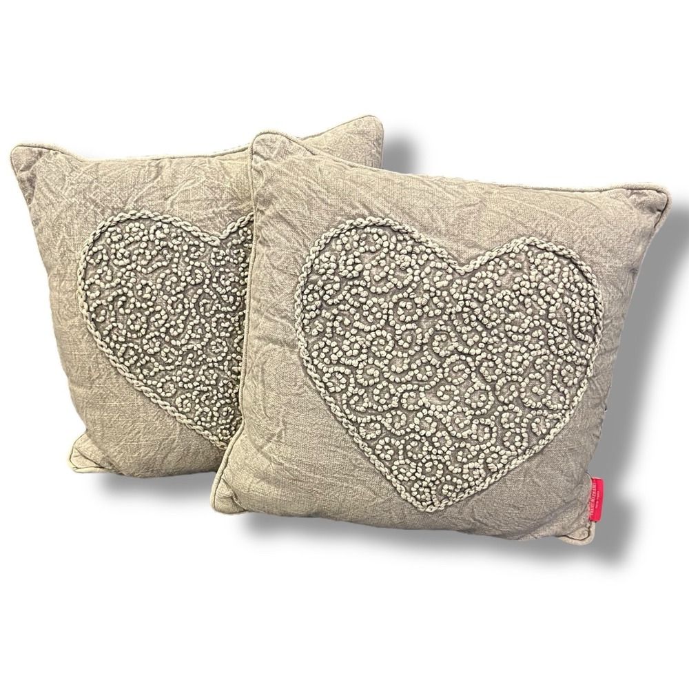 Isaac Mizrahi Grey Embroidered Heart Throw Pillows Set Of 2 15" Inch Square READ